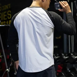 Men Cotton T shirt Long Sleeve Patchwork Shirt Bodybuilding Curved Hem Workout Fitness T-shirt Men Spring Autumn sport Clothing