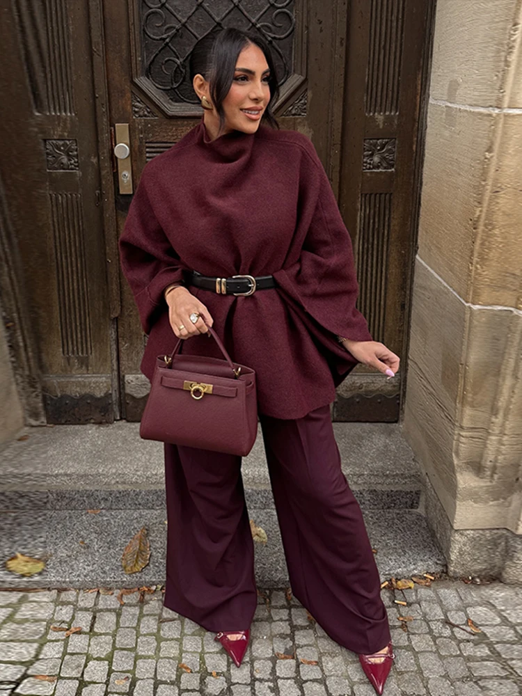 Red Loose Cloak Cape Sweater Women Burgundy Turtleneck Knit Raglan Sleeve Pullovers Female 2024 Autumn Lady Elegant Outwear