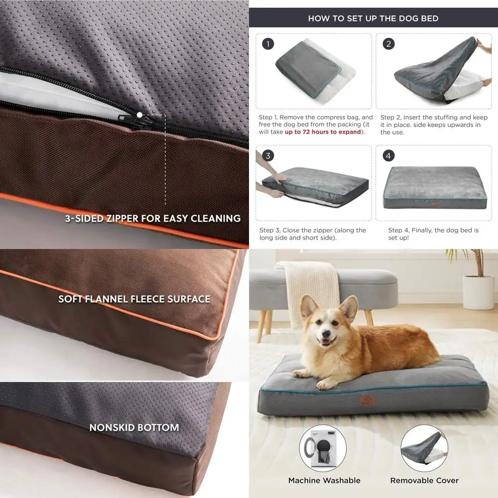 

Thick 3 Washable Dog Bed for Pets up to 100lbs with Removable Cover, Brown