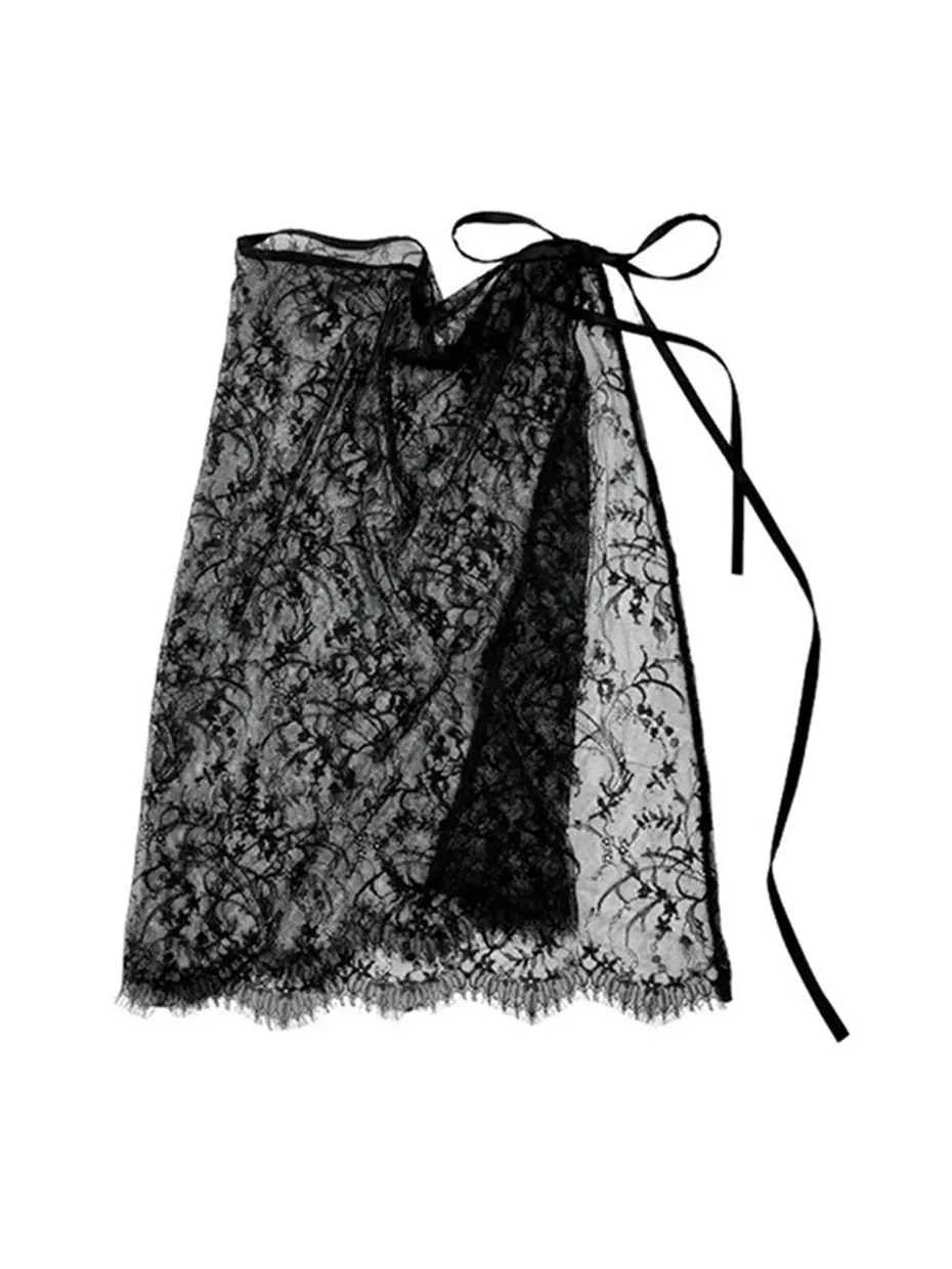 Korean Style Black Lace Skirt Curtain Women's Autumn Winter New Layered High Waist Polka Dot Half Skirt Cover up Skirt