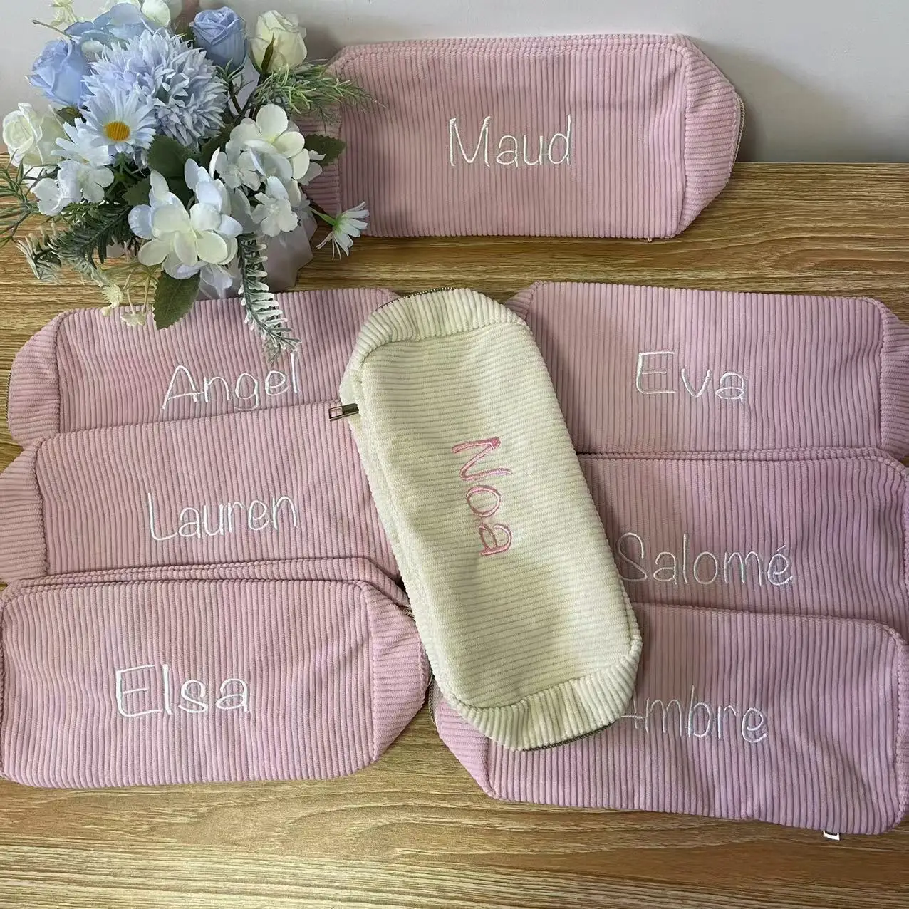 Personalized Embroidered Cosmetic Bag with Name Corduroy Makeup Bag Bridesmaid Proposal Gift Bachelorette Party Team Bride Favor