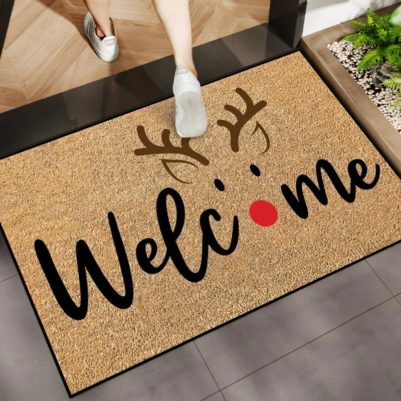 Welcome Reindeer Antler Red Nose Christmas Flannel Doormat Non Slip Front Entry Floor Mat Winter Holiday Entrance Decor Rug