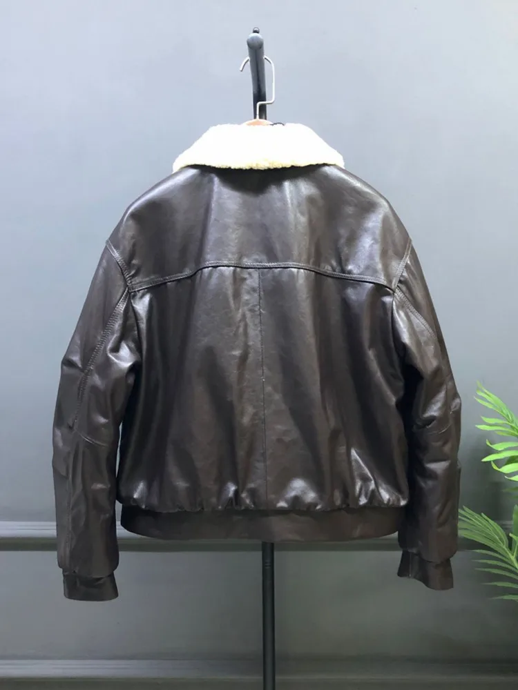 Vintage femmes chaud rembourré manteau col en laine coupe ample simple boutonnage en peau de mouton en cuir véritable veste décontracté moto pardessus