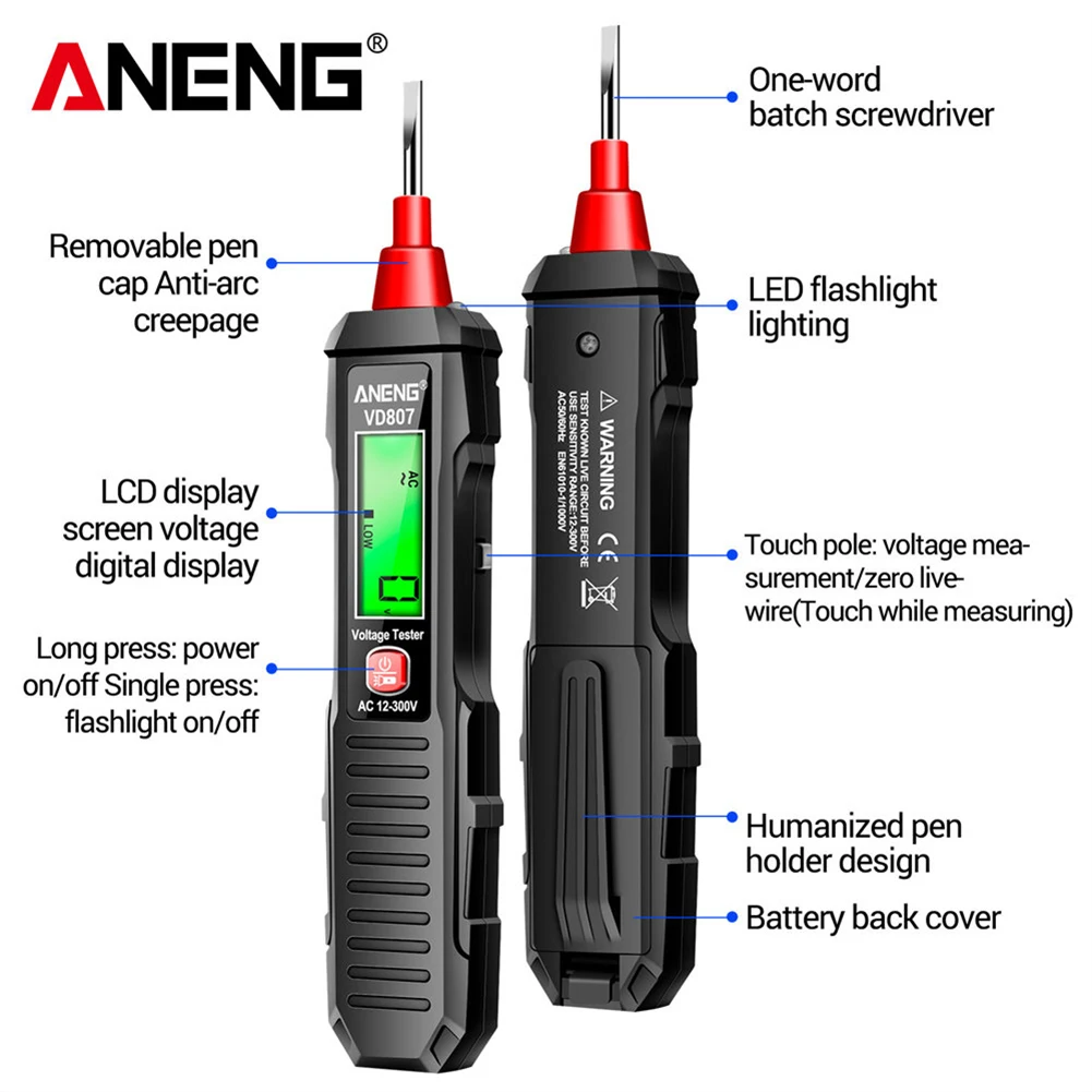 ANENG VD807 Digital Voltage Tester Pen Non-Contact Voltage Tester AC 12-300V Test Pencil 50/60Hz Alarm Zero Fire Wire Tester