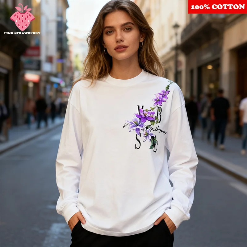 

American Elegant Women T-shirt 2025 Autumn New 100% Cotton flower Print White Long Sleeves Loose T-shirt Y2k Top Ladies clothing