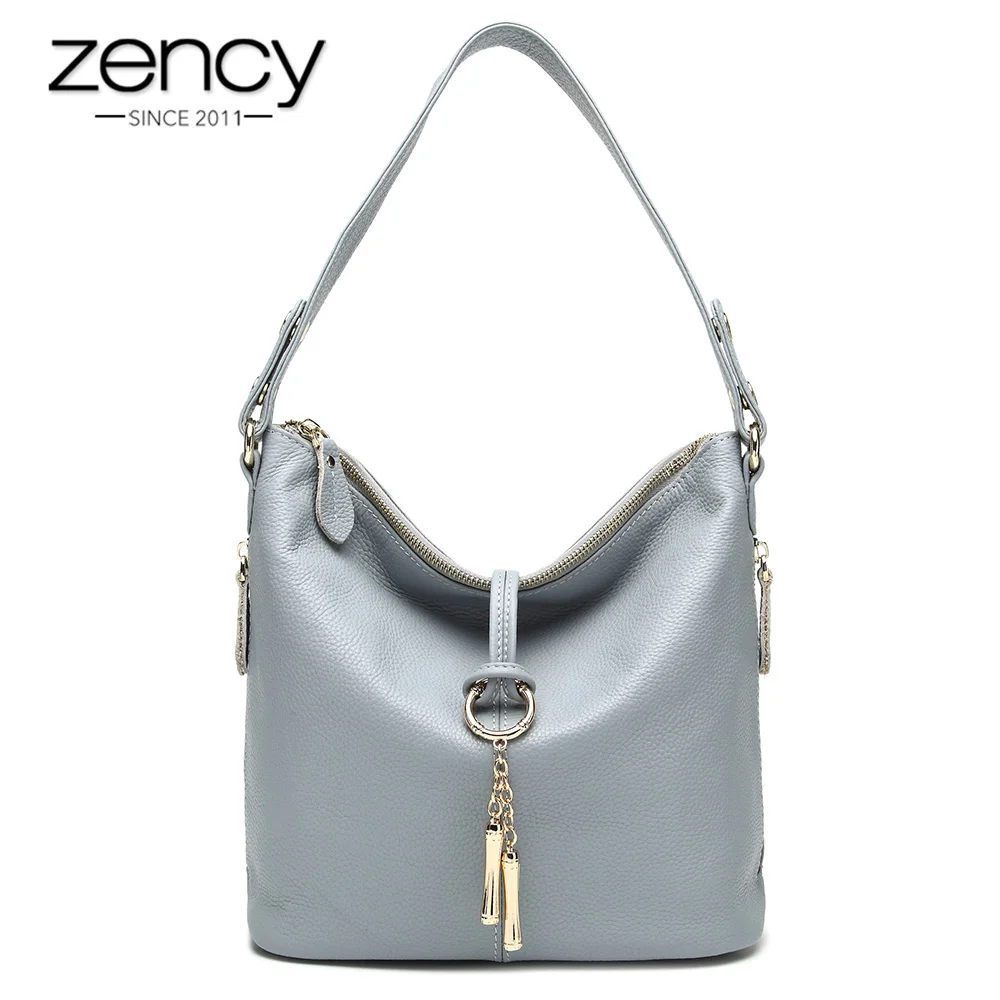 Zency Elegant Blue Women Shoulder Bag 100% Genuine Leather White Hobos Handbag Lady Messenger Purse Charm Lock Decoration Red