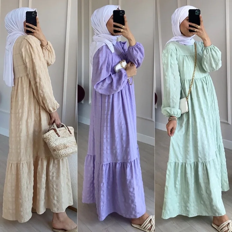 

2025 muslim Middle Eastern Dubai Women's Patchwork Ruffle Puff Sleeve Robe Dress