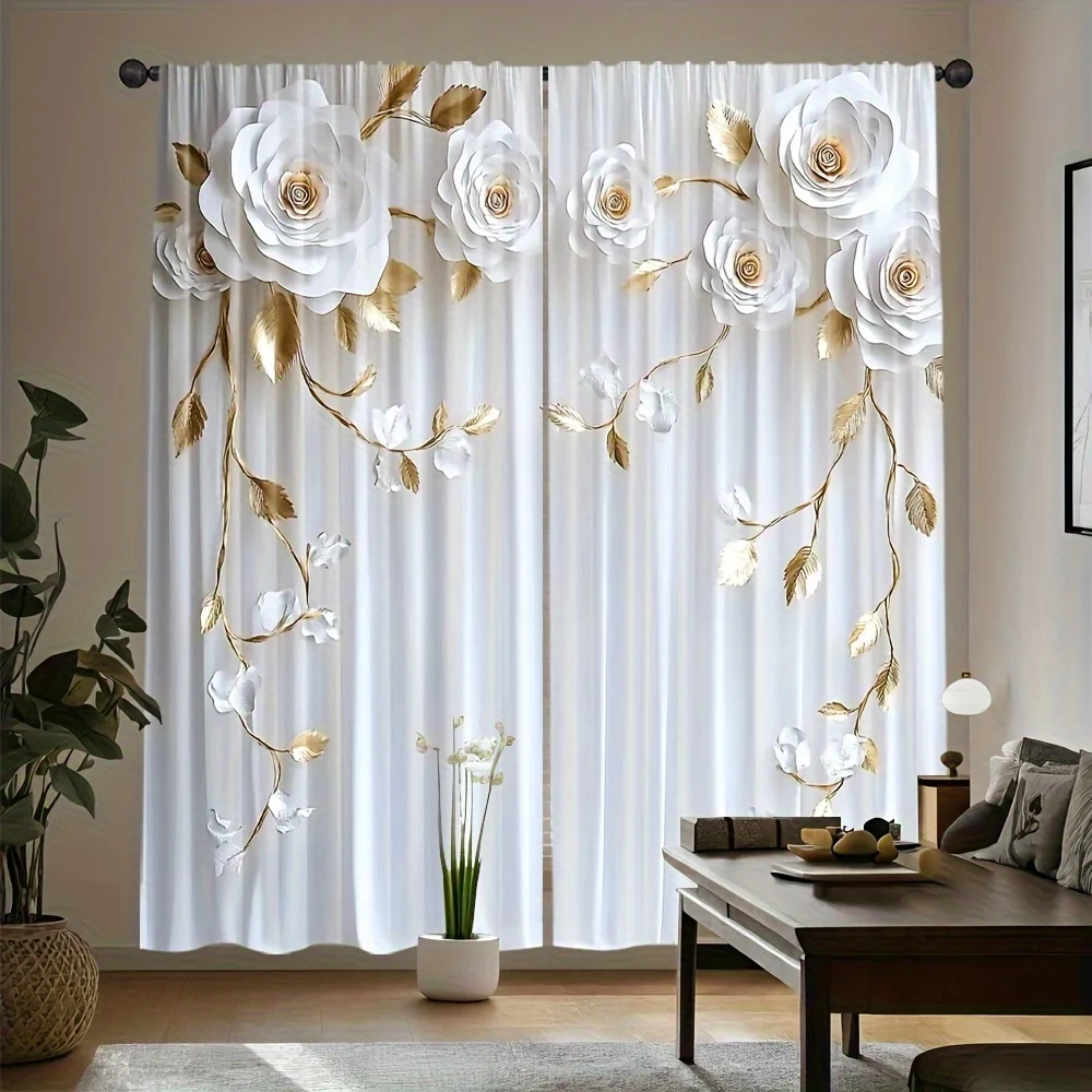2pcs Elegant Daisy Curtains with Gold and Silver Leaf Print,Light-Filtering Design for Bedroom Living Room Office and Home Decor