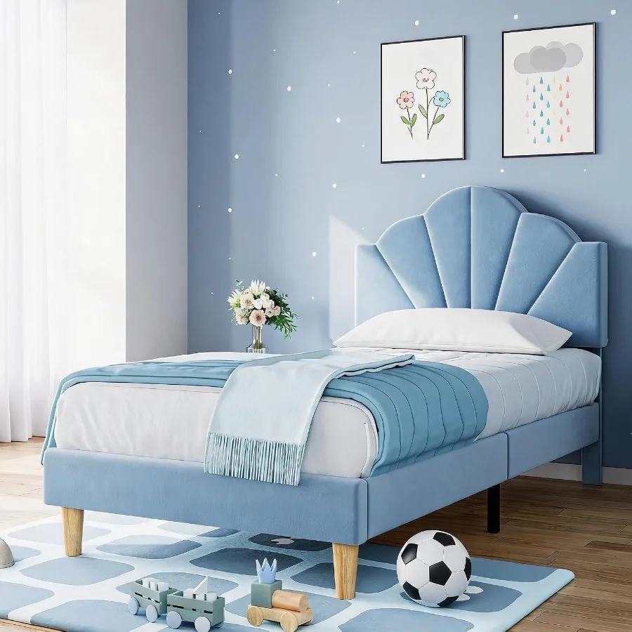 Twin Bed Frame for,Velvet Upholstered Platform Bed with Adjustable Headboard, Wood Slat Support, Easy Assembly, No Box Spring N
