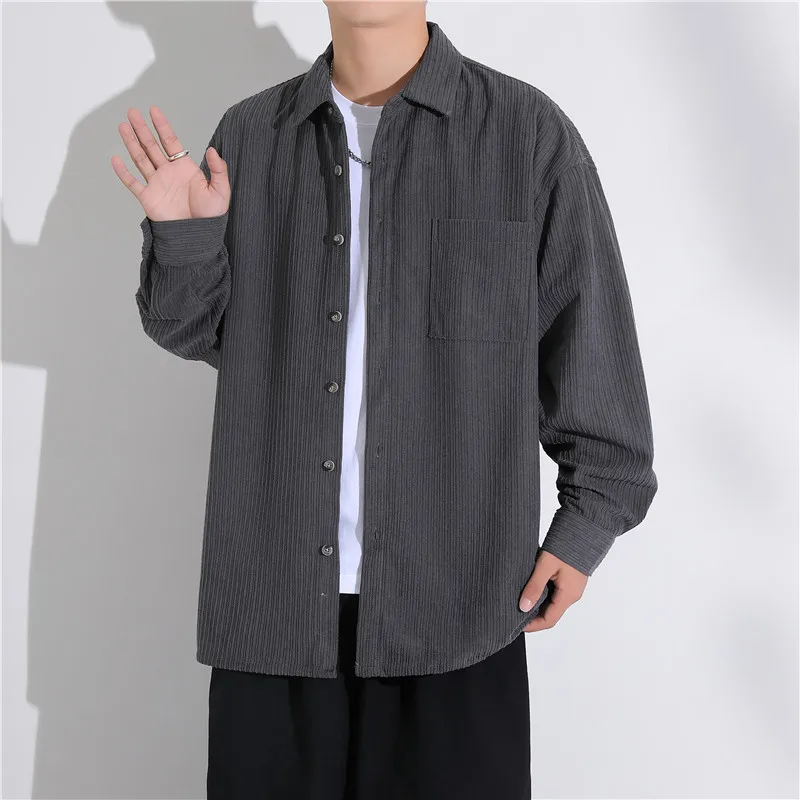 

Loose Fit Long Sve Men's irt Color Vertical Stripe Texture Casual Spring Autumn Vintage Outerwear Premium Feel