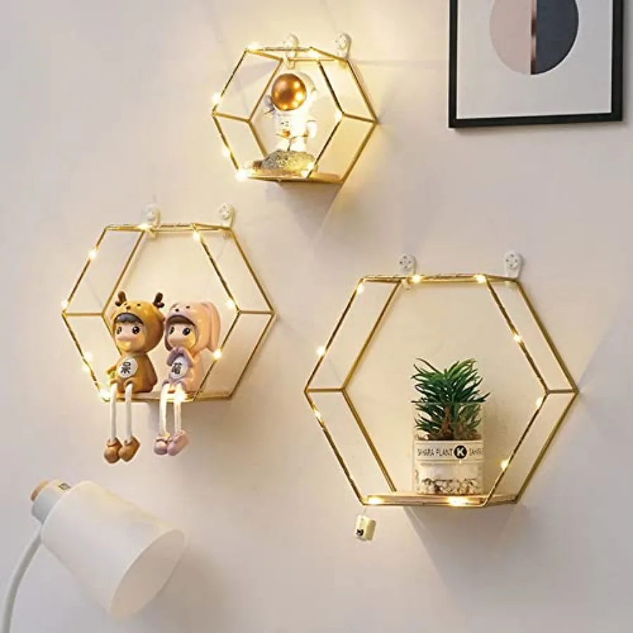 

Hexagon Floating Shelves Wall Decor, Gold Metal Wire and Wood Wall Mounted Storage Shelf Home Decorations Art for Bedroom Livin
