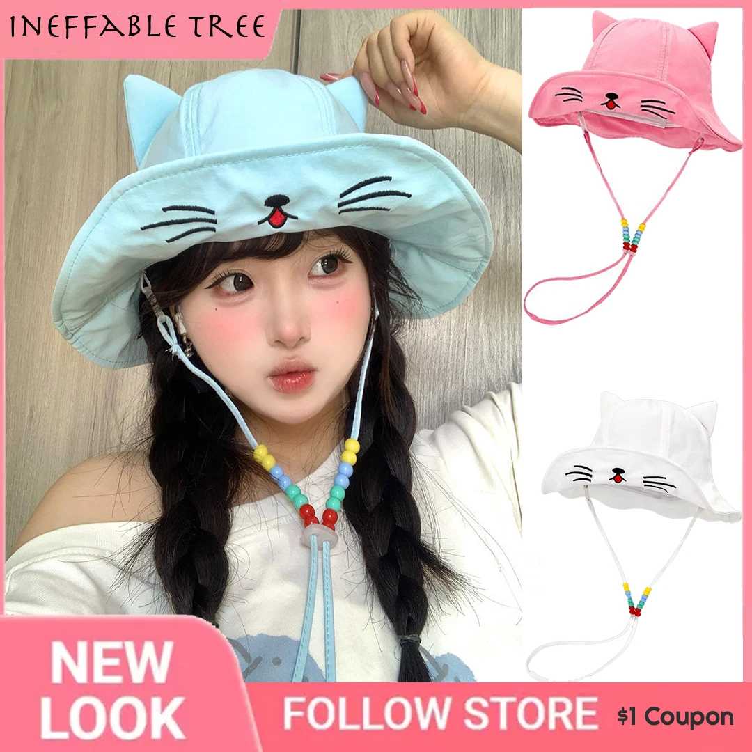 Cute Cat Embroidered Ear Bucket Hats for Women Summer Travel Sunscreen Versatile Personalized Beaded Strap Lace Up Sun Cap Bob