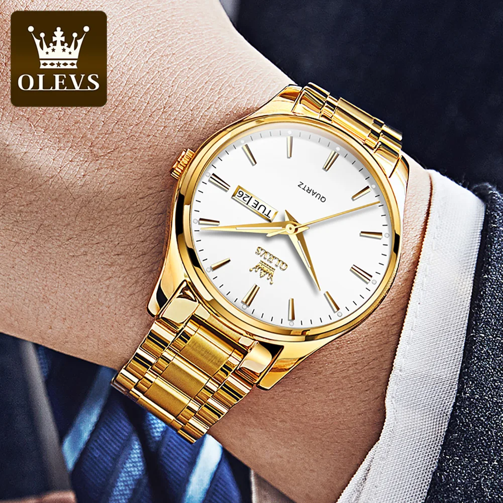 OLEVS Classic 6898 Men\'s Watches Gold Stainless steel Luminous Waterproof Dual Calendar Hand Clock Man Watch