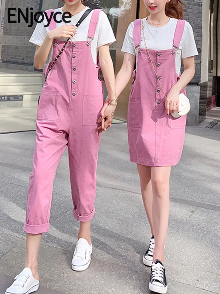 ENjoyce Summer Women White T-shirt and Jumpsuit Suit Sets Best Friends Suspender Skirt Ladies Pink Girl Sister 2 Piece Bodysuits