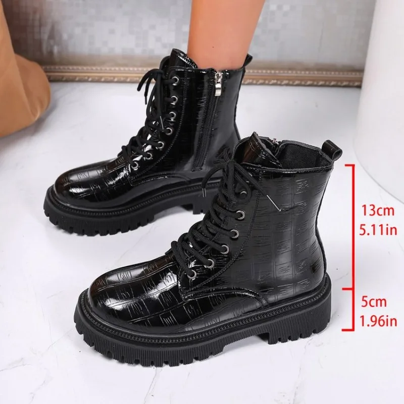 

Ankle Boots Woman Patent Leather Platform Motorcycle Boots Lace Up Woman Thick Heels Zipper Short Booties Square Heel Light New