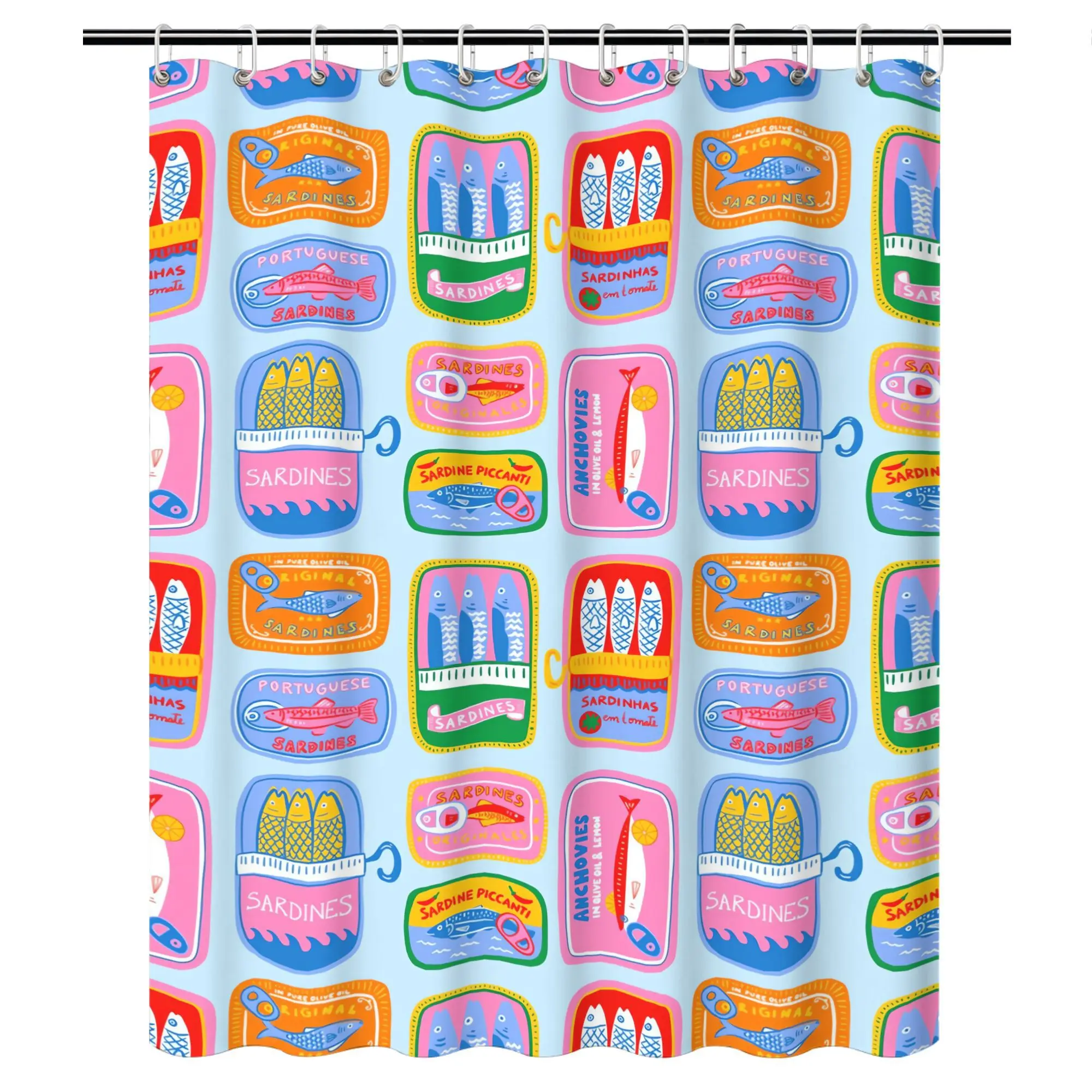 Sardine Can Print Shower Curtain – Retro Portuguese Labels, Pastel Pink/Blue/Green/Yellow, 12 Hooks, Kitchen-Bath Decor
