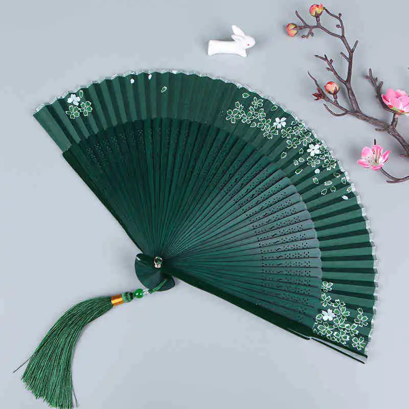 

Chinese - style portable green ancient - style folding fan for women, an accessory for Hanfu and cheongsam, a small folding fan