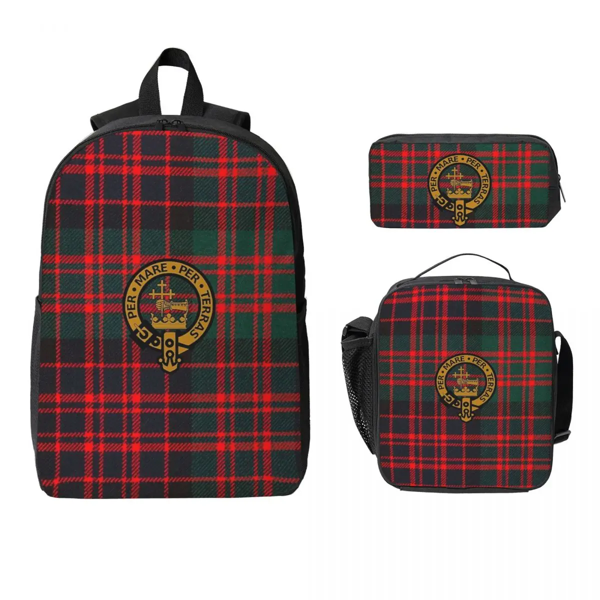 Modern MacDonald Clan Tartan With MacDonald Clan Crest Backpack Boy Girl BookBag School Bag 3ps Insulated Lunch Bag Pencil Case