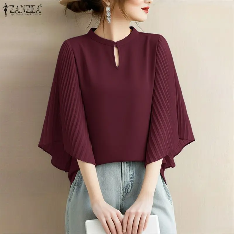 ZANZEA Women Elegant Accordion Pleats 3/4 Bell Sleeves Blouses Keyhole Mandarin Collar Solid Color Tops Autumn Casual Blusas
