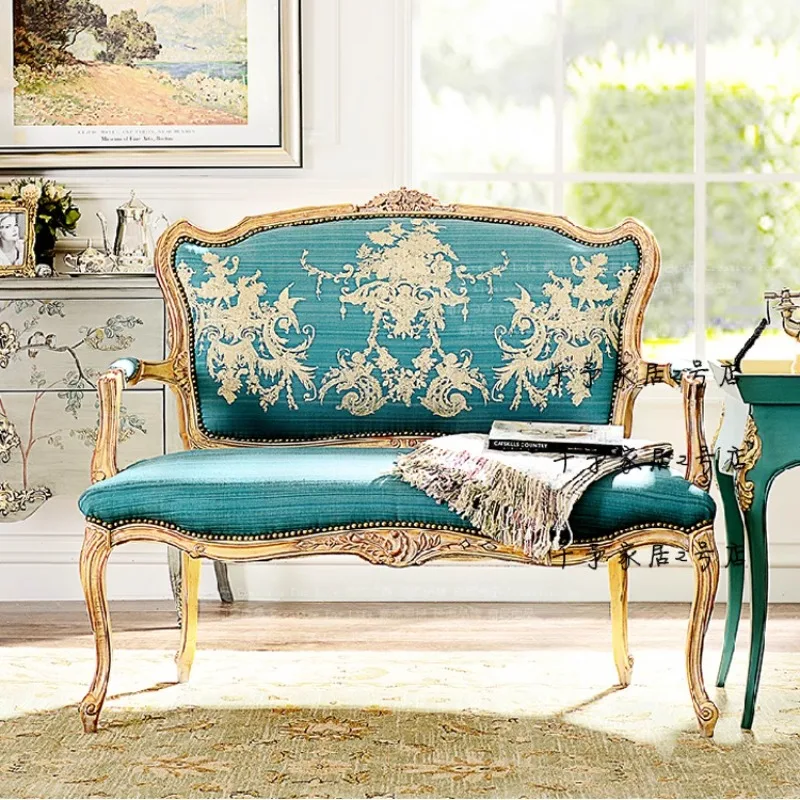 Furniture for small-sized apartment carving flower double sofa chair American luxury fabric sofa hotel clubhouse villa furniture