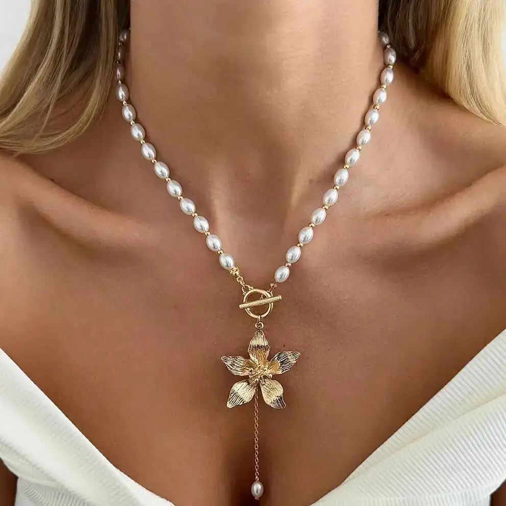 KunJoe Elegant Gold Color Imitation Pearl Flower Tassel Pendant Necklace Women Exquisite Clavicle Chain Jewelry Birthday Gifts