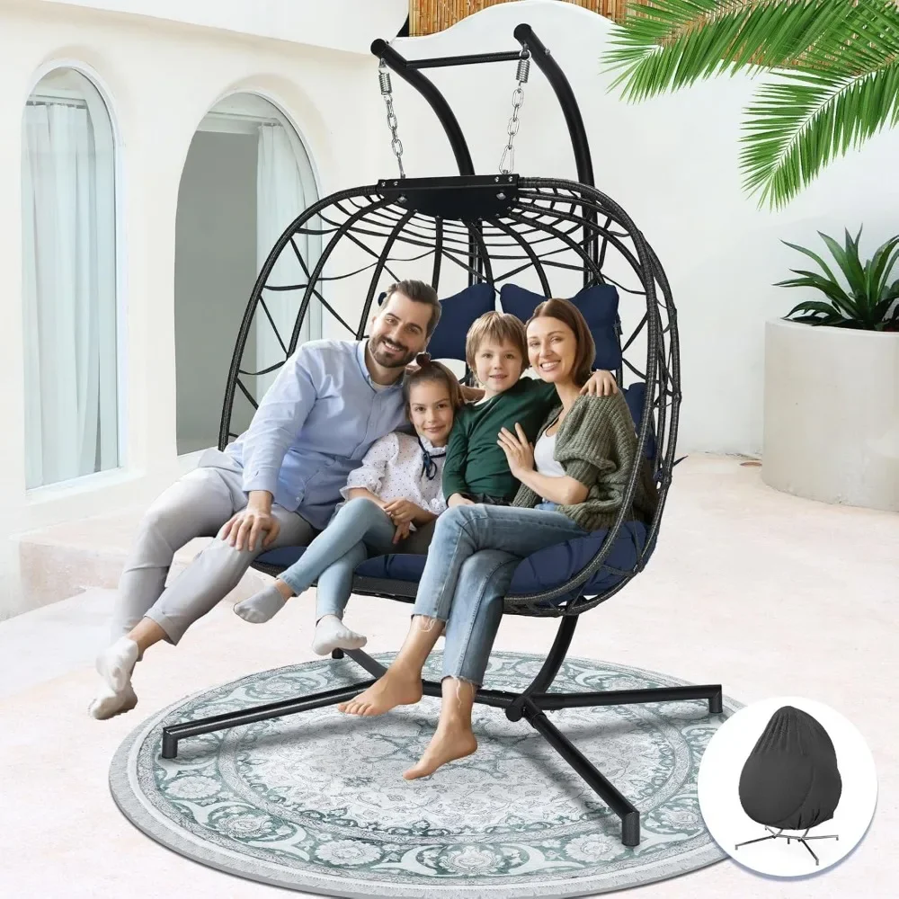 2 Person Hanging Chair with Stand Large Hanging Egg Shaped Chair Oversized Double Egg Patio Swing Chair Gray Rattan