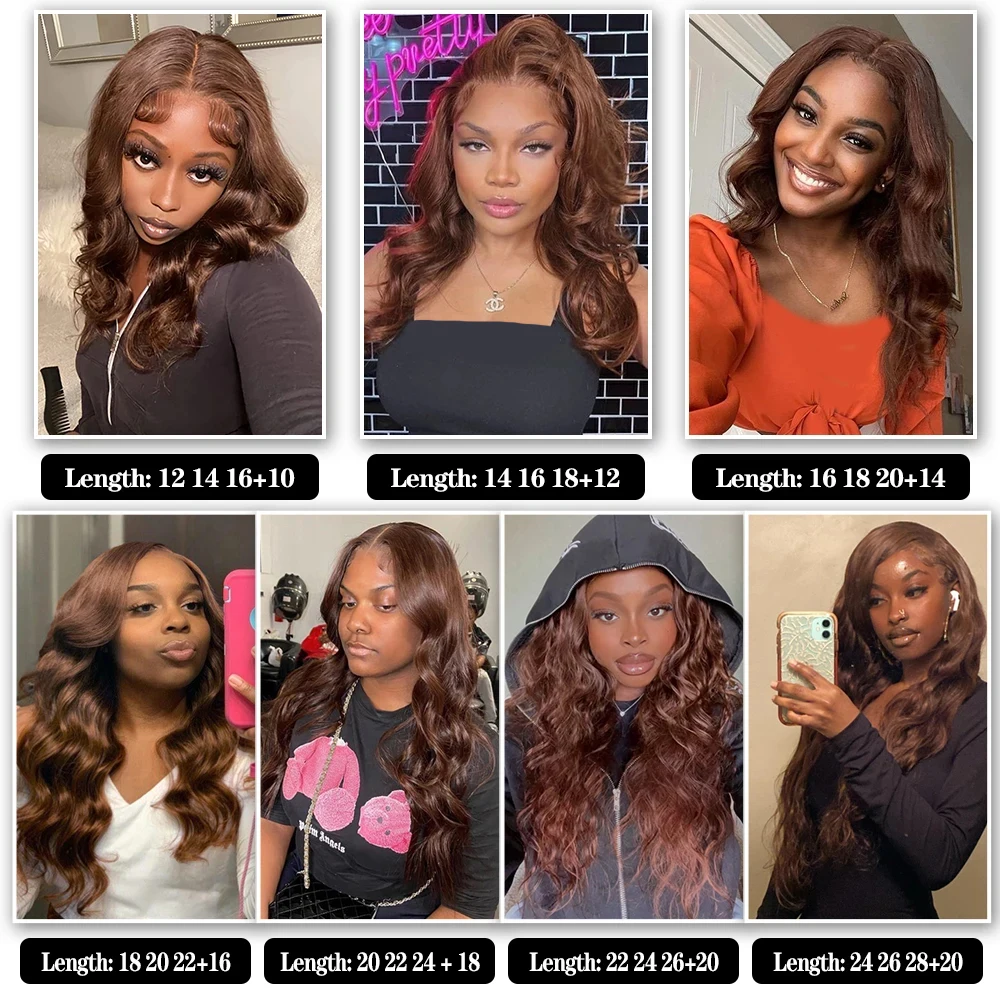 Tissage en Lot Brésilien Naturel Body Wave Brun Chocolat avec Fermeture, Dentelle, Extensions de Cheveux Humains, 13x4, #4