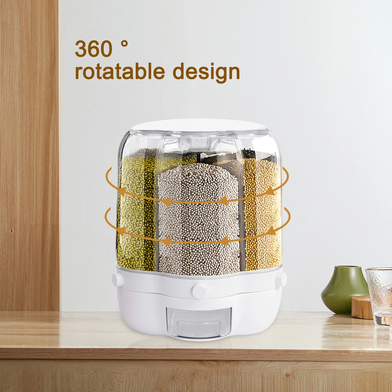 Rotating Food Dispenser Rice Dispenser 6-Grid Rice Bucket Whole Grains Rice Container Storage with Lid Dry for Kitchen White