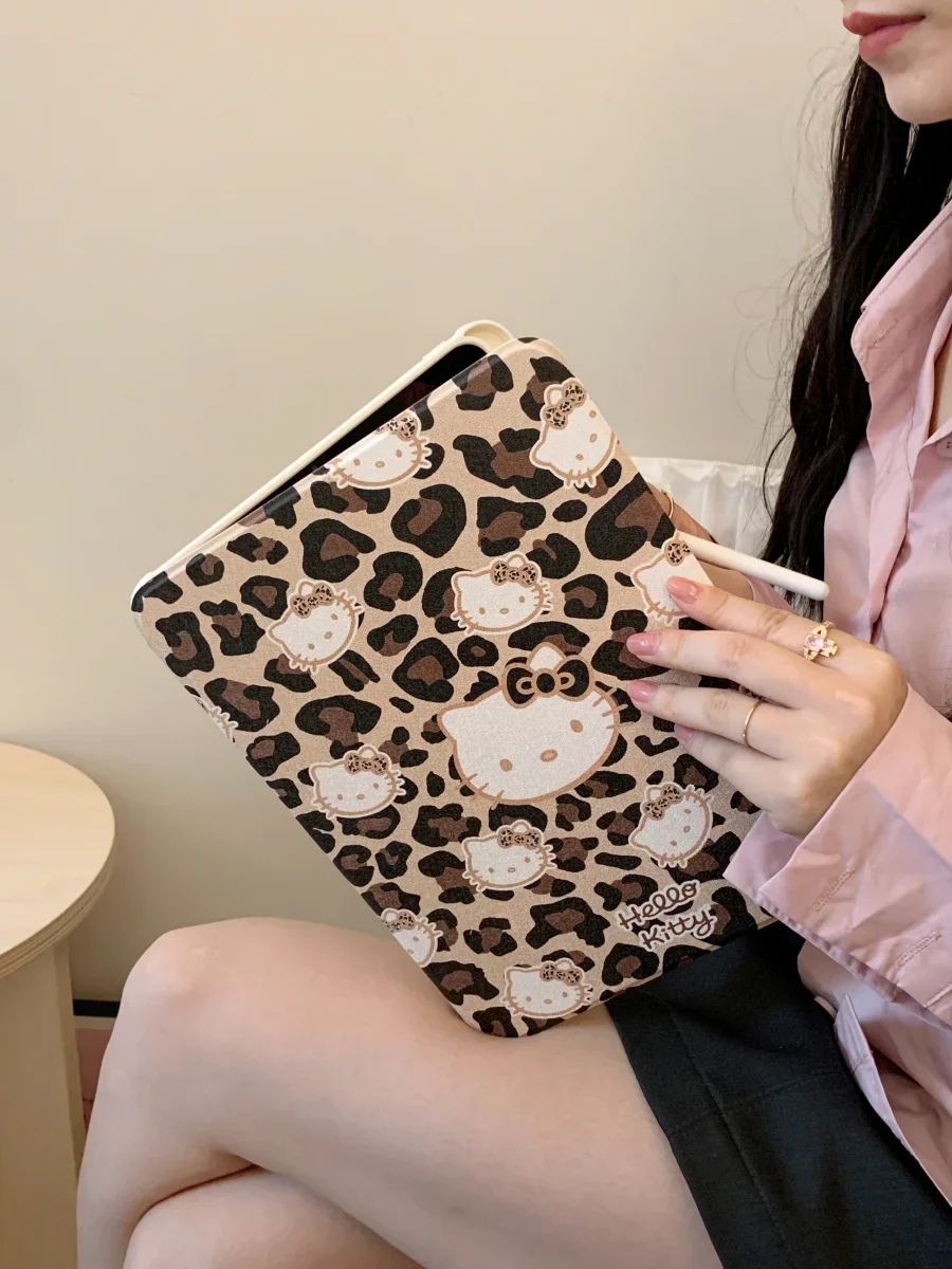 Sanrio Hello Kitty Leopard Print Protective Case For IPad Pro 11 Air 4 5 6 Mini 4 5 6 7 8 9 10 Gen With Pen Holder Rotate Cover