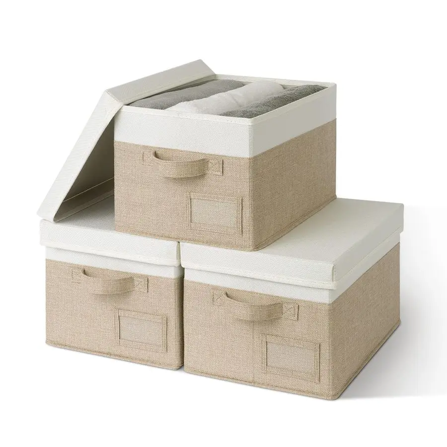 

Storage Basket with Lid, Linen Fabric Storage Bins with Label, Decorative Storage Boxes, Clothes Storage and Organization, Memor