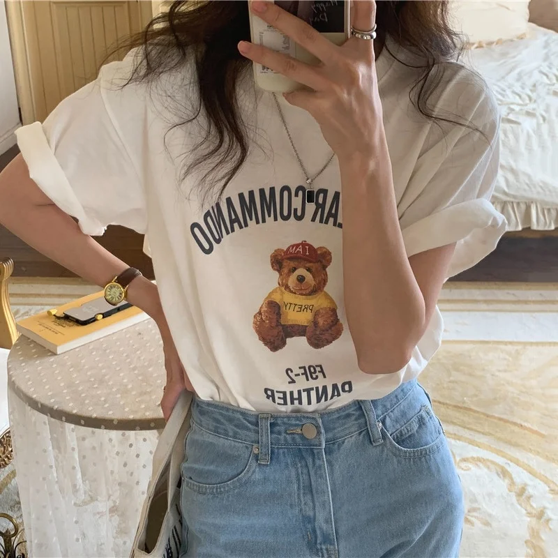 Chic Summer Children's Fun Youthful Round Ne Overhead Allentato Versatile Orso Cartoon Letter Print Or Sve T-shirt