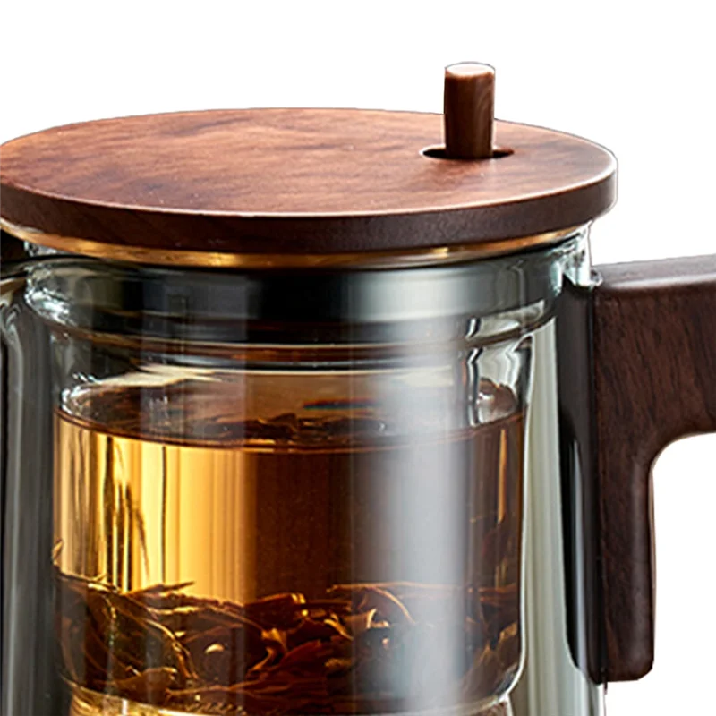 กาน้ําชาแก้วพร้อมที่จับไม้อุ่นปุ่มเดียวกรองหม้อชาหอมใส Teaware