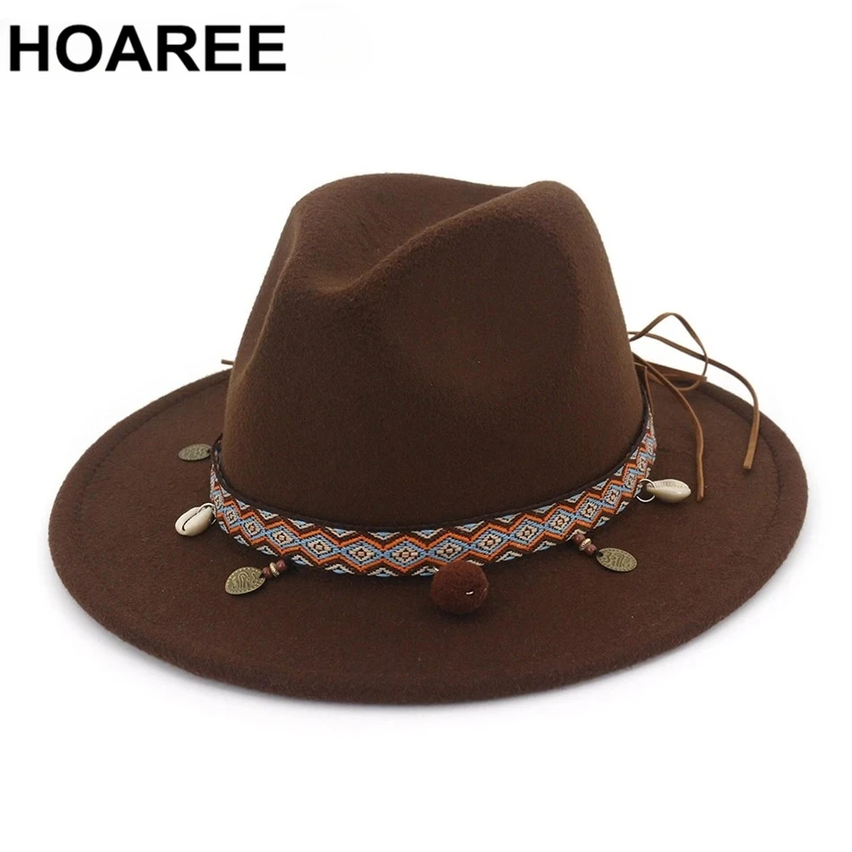 

Кофейные шляпы-федоры для женщин в этническом стиле, шерстяная шляпа-трилби, женская шляпа с широкими полями, винтажная осенне-зимняя шляпа для путешествий, новый дизайн