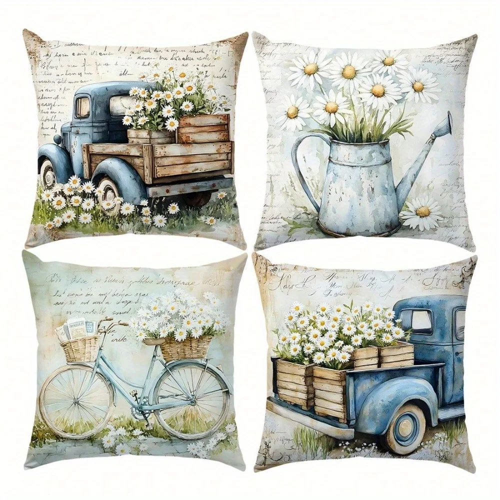 4Pcs Vintage Daisy Pillow Covers 45x45cm Double-sided Printed Truck Bicycle Watering Can Cushion Cases Farmhouse Decor No Insert