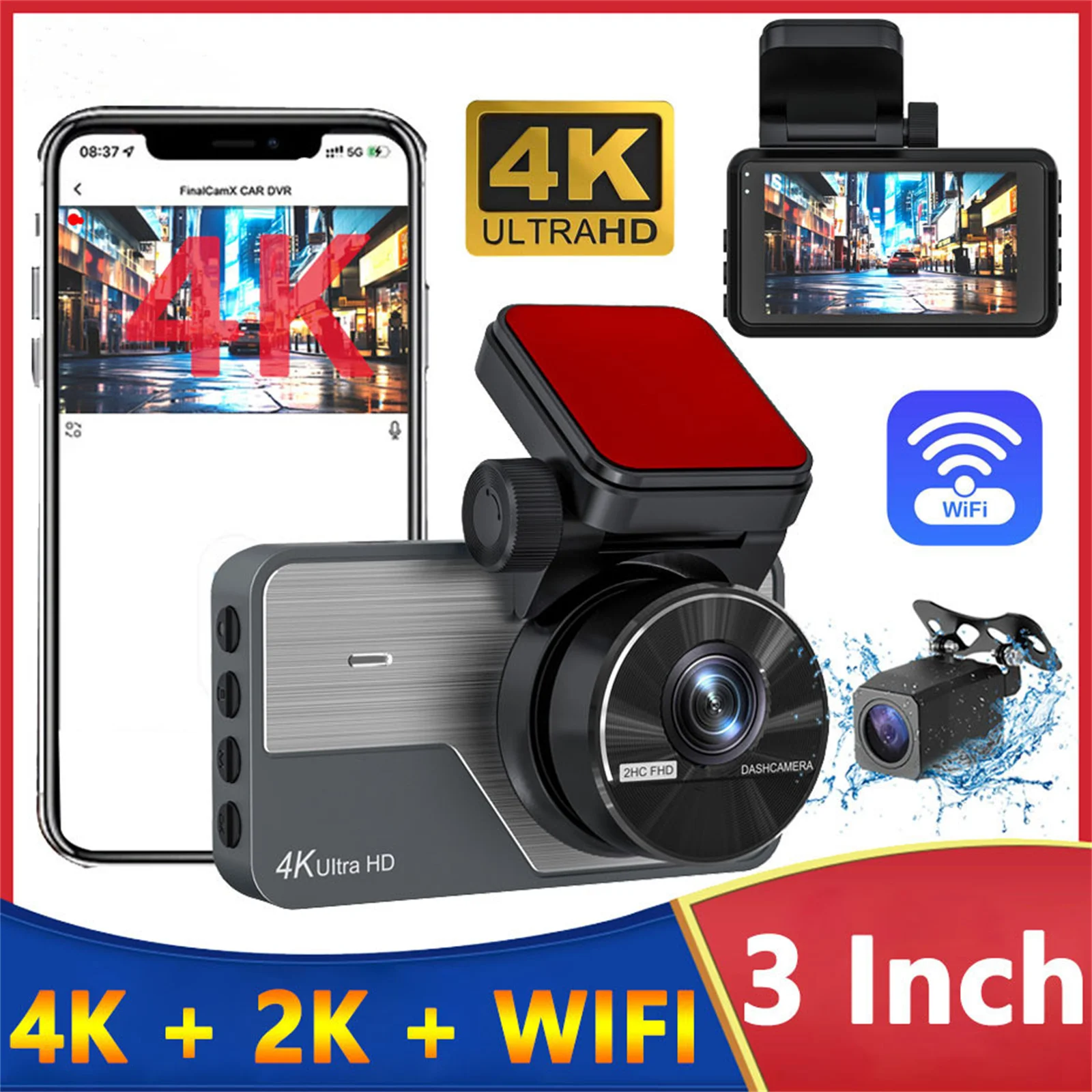 4K+2K Dash Cam 2160P*1440P Car DVR 140FOV Camera Dashcam Recorder 24H Parking Monitor Built-in WiFi APP 2K Auto Rear Camera