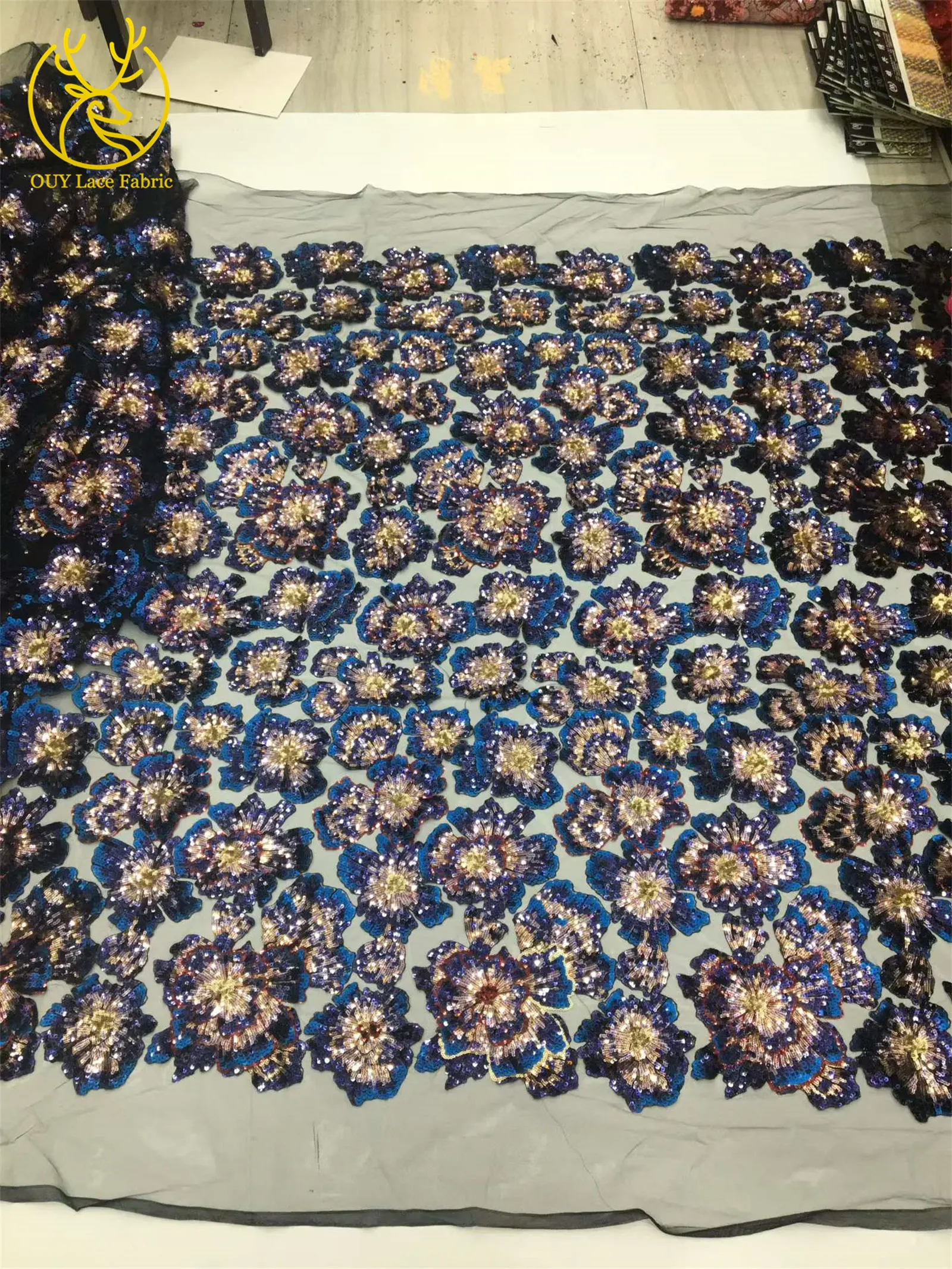 Afrikanischer Pailletten-Stickerei-Tüll-Spitzenstoff, französischer Pailletten-Perlen-Spitzenstoff, nigerianische Braut-Hochzeitsdekoration, zum Nähen, 5 Yards – Detail 11