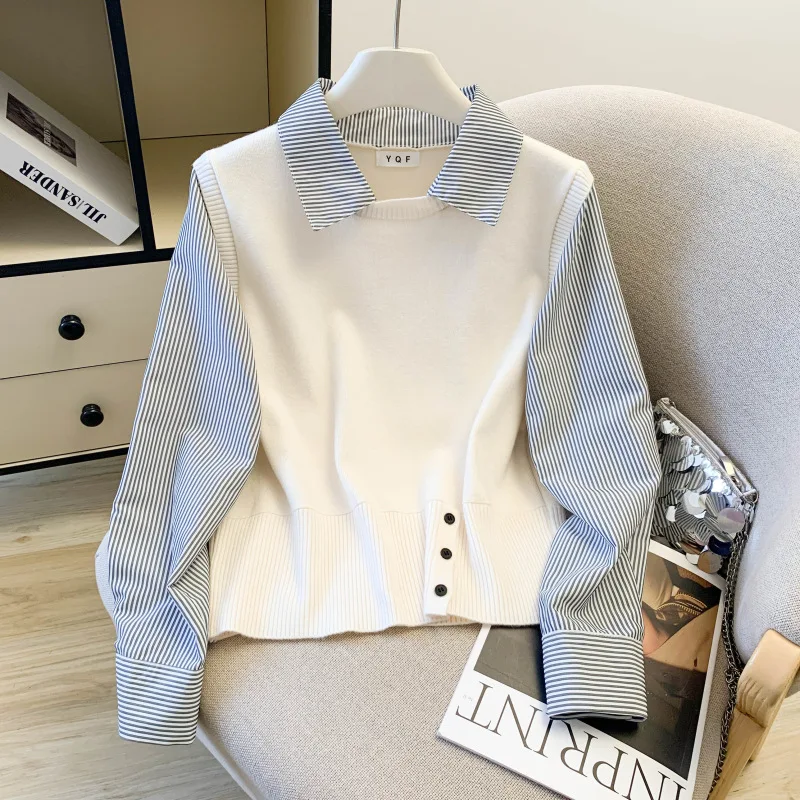 Maglione da donna a maniche lunghe a righe finte in due pezzi 2025 New Fashion Colletto con risvolto Pullover larghi Tendenza autunnale Top casual