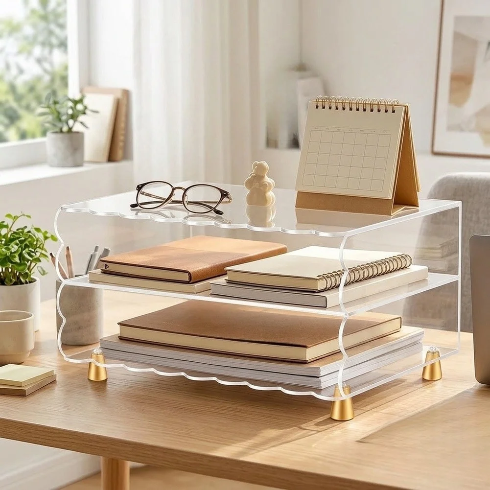 Clear Letter Tray with Stylish Scalloped Edge and Gold Base for Compact Desk Setup 32x24x15cm Office Essential