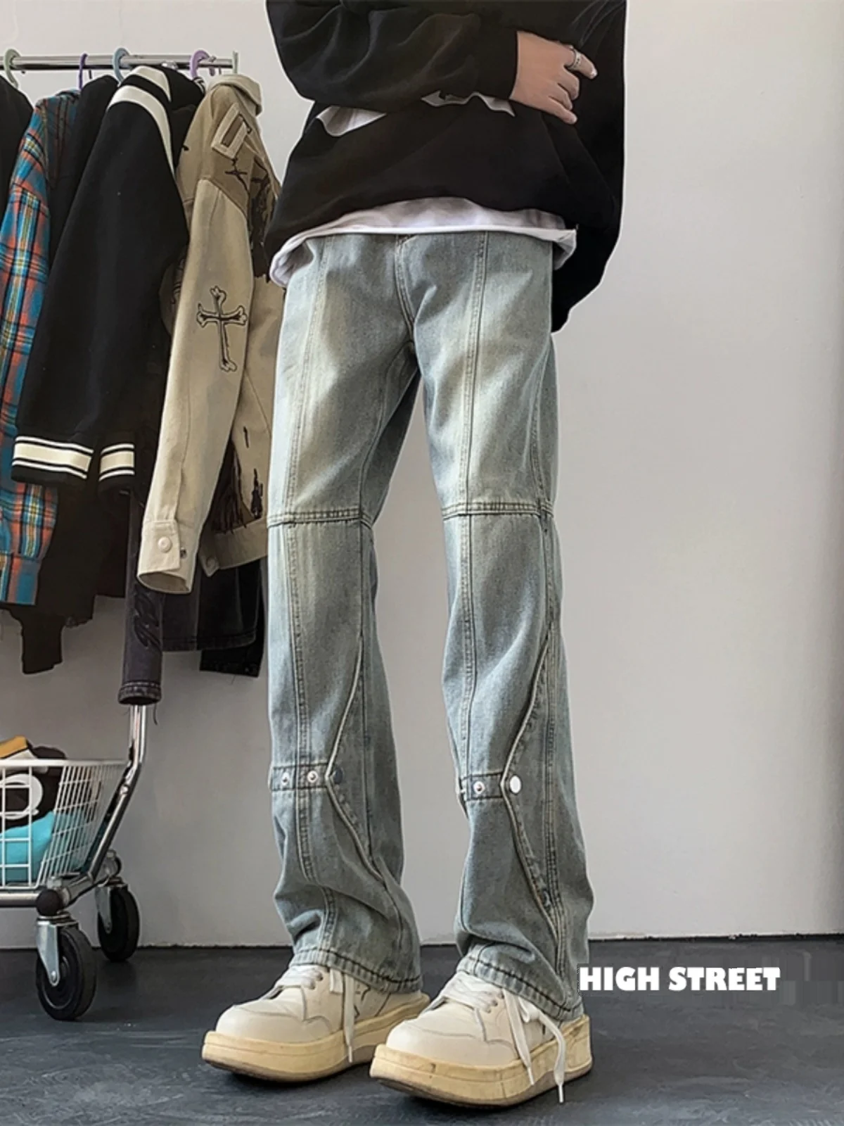 

Мужские джинсы Waed Deconstructed Button: осенне-зимние прямые брюки в американском ретро-стиле, расклешенные, молодежные, из полиэфирного волокна