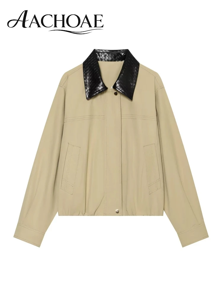 AACHOAE Women's Contrast Collar Bomber Jacket Lapel Zip Up Casual Oversized Jacket Minimalist Short Coat Spring Autumn Outerwear