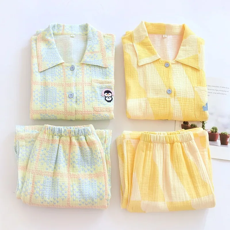 

Новинка весны и осени 202, женский пижамный комплект с воротником, 100% хлопок, брюки с длинными рукавами, комплект из двух предметов для домашней мебели