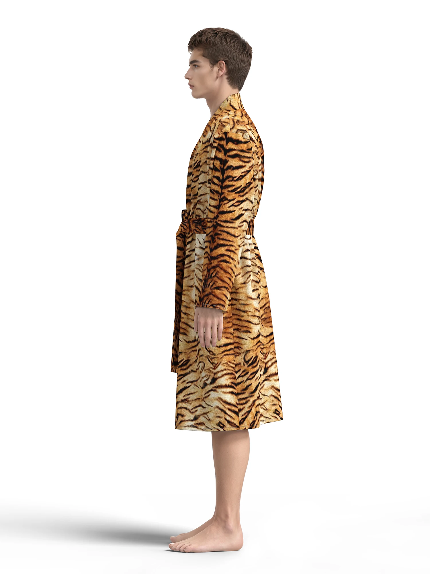 2026 New Men's Home Pajamas 3D Digital Tiger Print Full Print Casual Yukata Thin Section with Belt Can Be Weared All Seasons