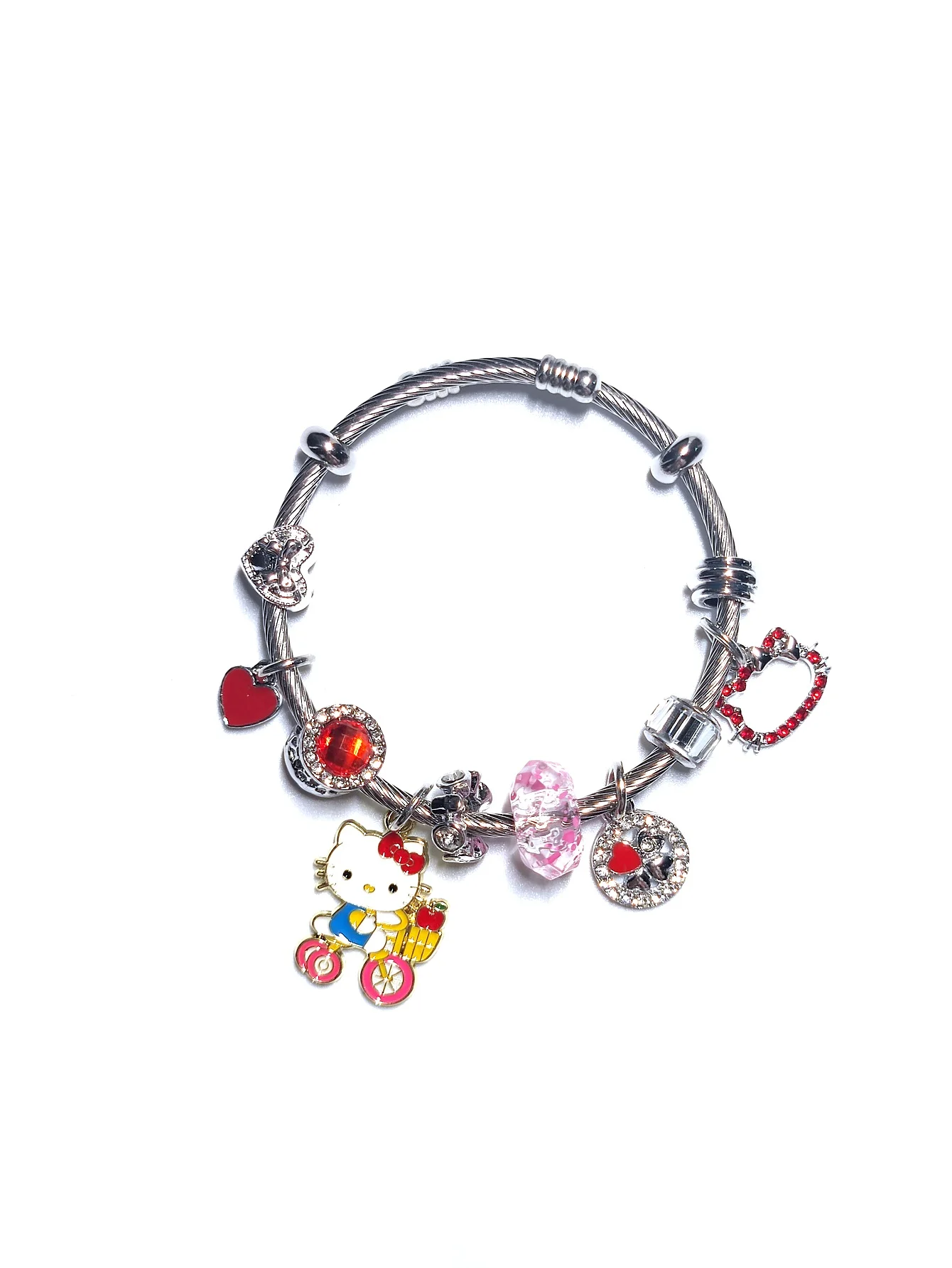 1Pcs Anime Hello Kitty Bracelet Cartoon Figure Kitty Metal Beads Pendant DIY Bangle Kawaii Couple Jewelry Accessories Gift