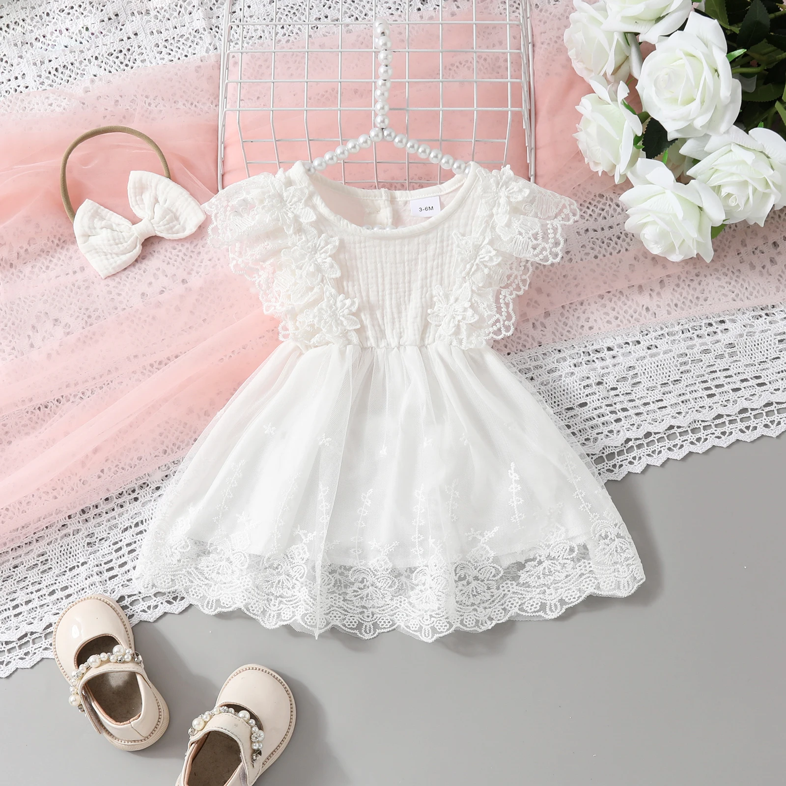 Infant Baby Girl Cotton Linen Baptism Dress with Headband Summer Birthday Party Short Sleeve Lace Flower Embroidery A-Line Dress