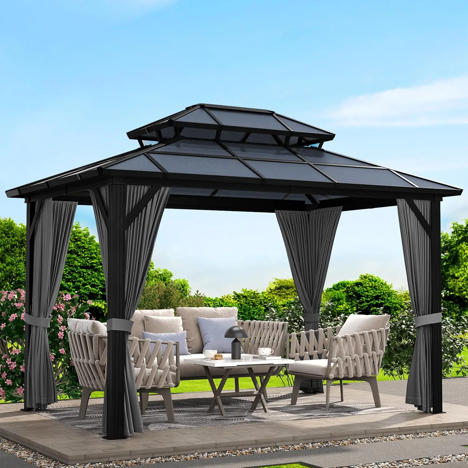 10'X13' Hardtop Gazebo, Outdoor Polycarbonate Double Roof Canopy, Aluminum Frame Permanent Pavilion With Curtains And Netting,