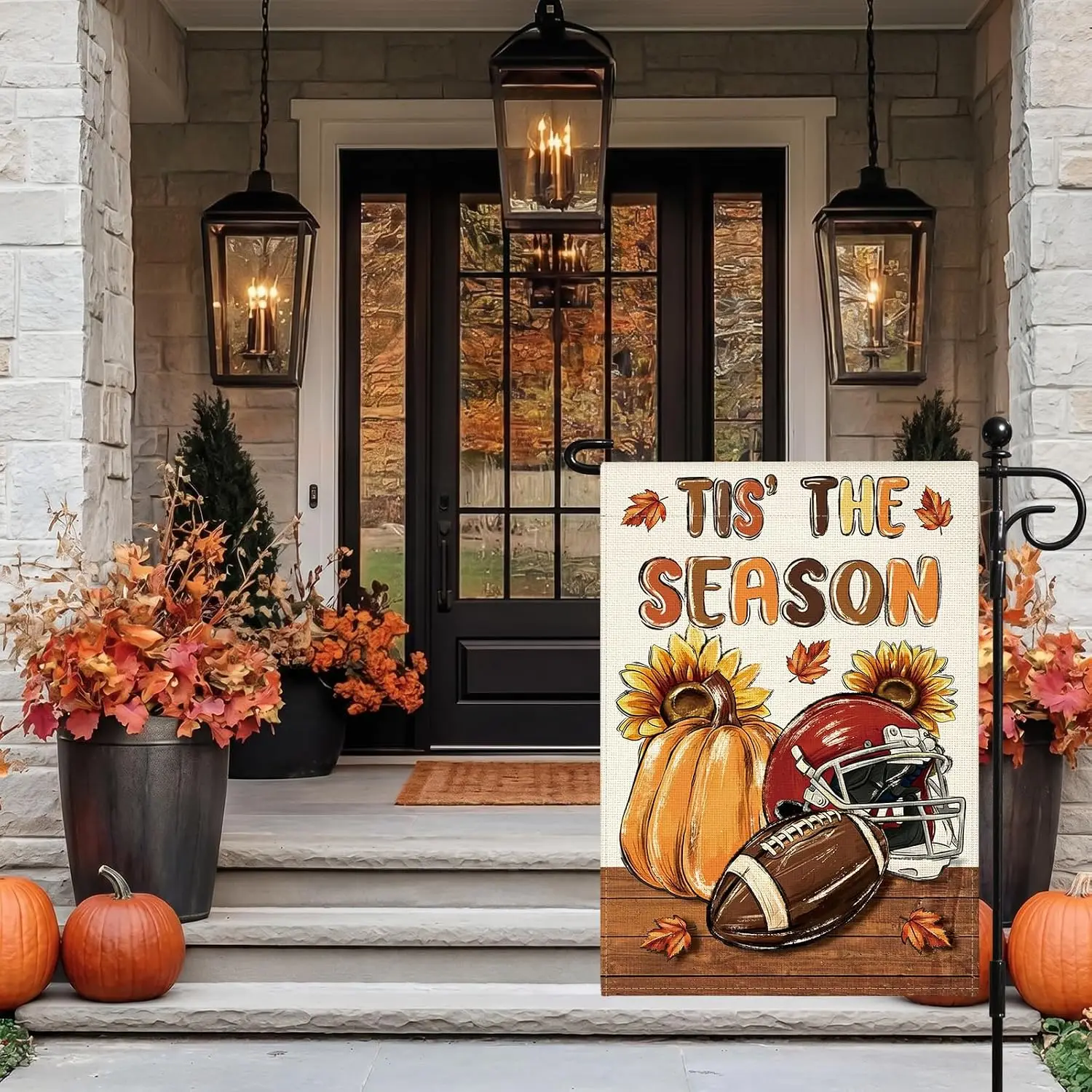 Artscope Tis The Season Fall Garden Flag 12x18 Inch Double Sided for Outside, Autumn Thanksgiving Pumpkin American Football  PPZ