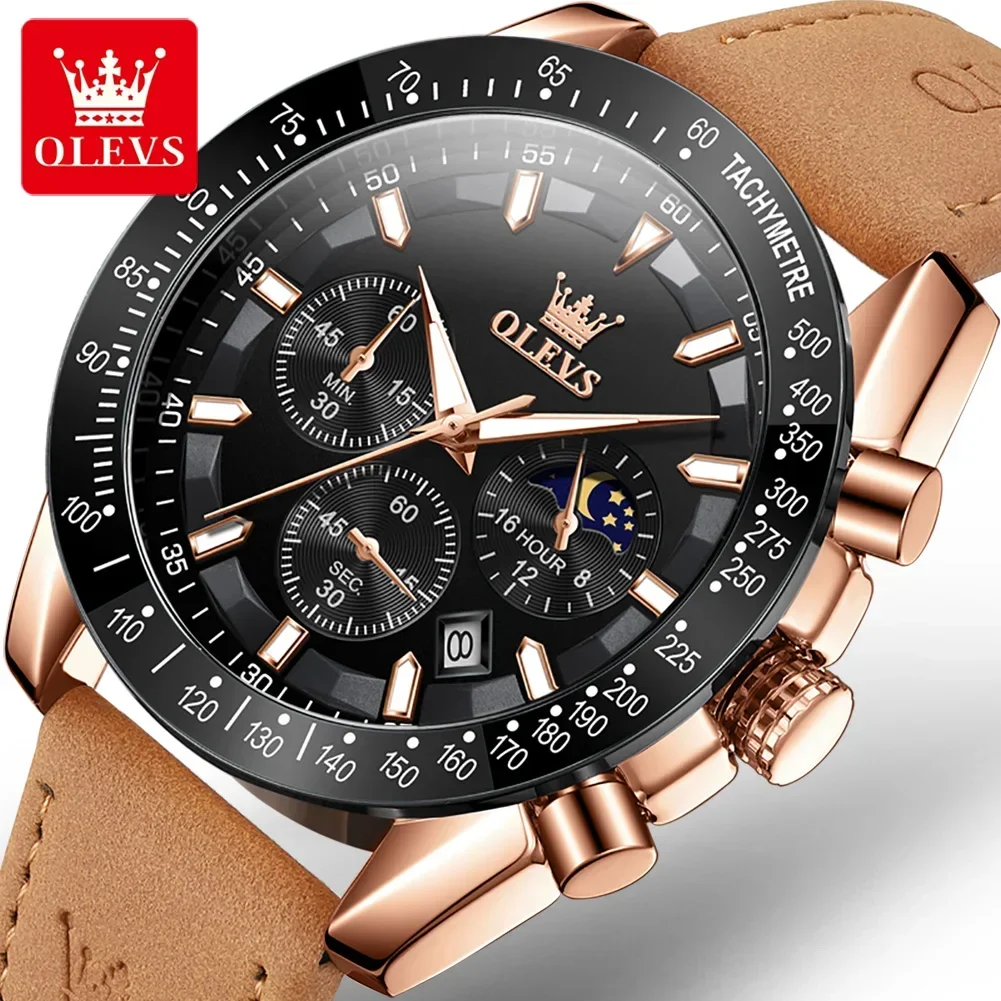 

OLEVS 9957 Sport Multi-function Watches For Men, Genuine Leather Strap Quartz Waterproof Men Wristwatches Luminous Chronograph