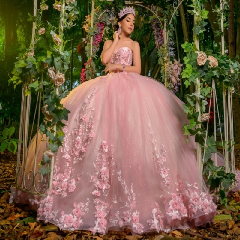 فساتين Quinceanera الوردية اللامعة قبالة الكتف زين زهرة الديكور تول حفلة عيد ميلاد الحلو 16 فستان Vestidos 15 De Anos
