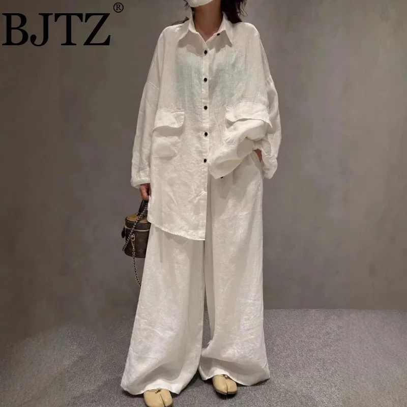 

Bjtz 2025 Woman Pant Sets Linen Shirt Casual Pants Plus Size Solid Color Elegant Set Forconjunto Piezas