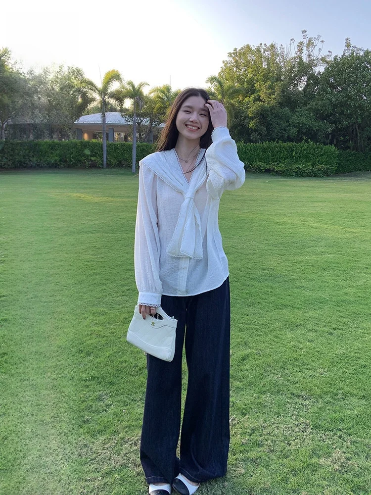 

YOKLASS Lace Trim Chiffon Top Loose Long Sve Navy Collar Spring 2025 New Sle Women's French Sle Loose Fit irt